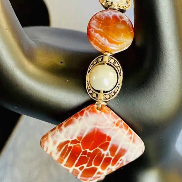 "Silver Diamond Orange Agate" Jewelry Set – Bracelet & Earring Pearl Bead - Picture 4 of 6